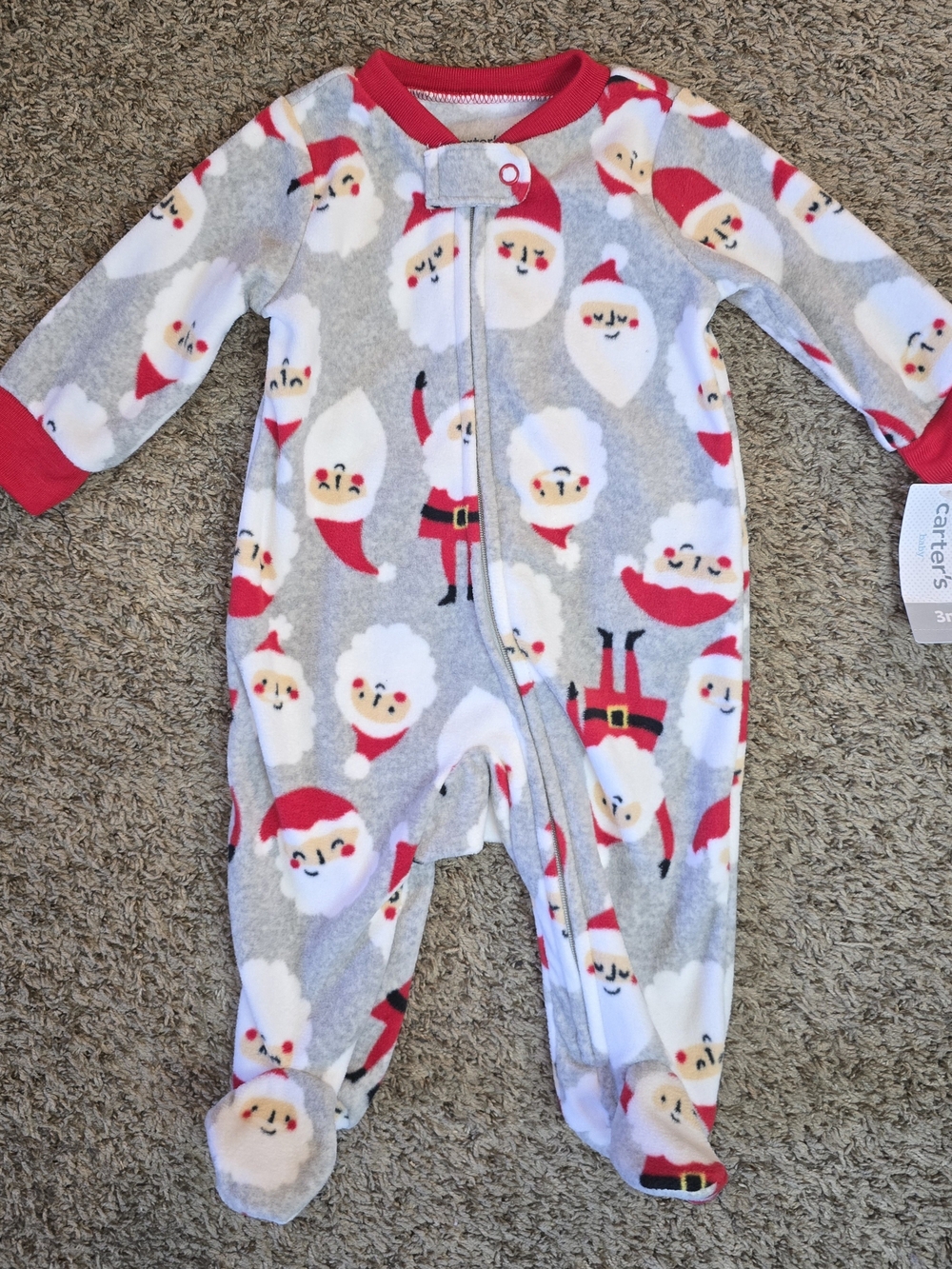 Carter's Christmas Gray and Red Santa Fleece Footed One-Piece Pajamas Size 3M